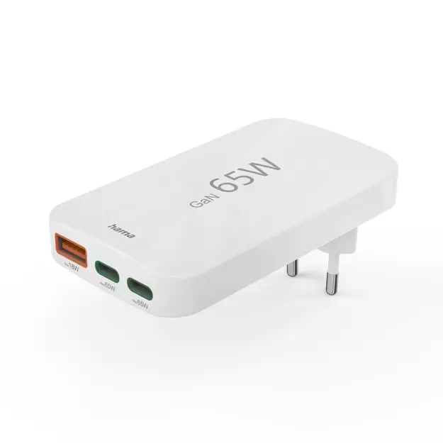 Hama GaN Charger 65W 2x USB-C 1x USB-A Foldable - White 1