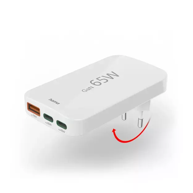 Hama GaN Charger 65W 2x USB-C 1x USB-A Foldable - White 8
