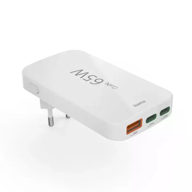 Hama GaN Charger 65W 2x USB-C 1x USB-A Foldable - White 2