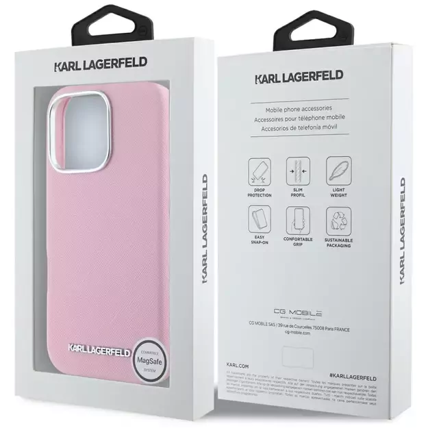 Karl Lagerfeld Saffiano Full Wrapped Elongated Metal Logo MagSafe iPhone 16 Pro Max Case - Pink 14