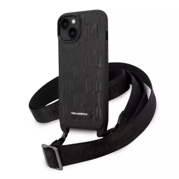 Karl Lagerfeld Monogram Plaque Logo Strap Case for iPhone 14 / 15 / 13 6.1&quot  - Black