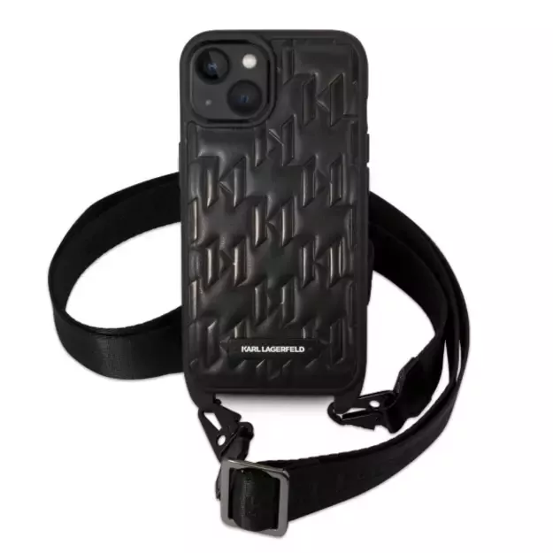 Karl Lagerfeld Monogram Plaque Logo Strap Case for iPhone 14 / 15 / 13 6.1&quot  - Black 6