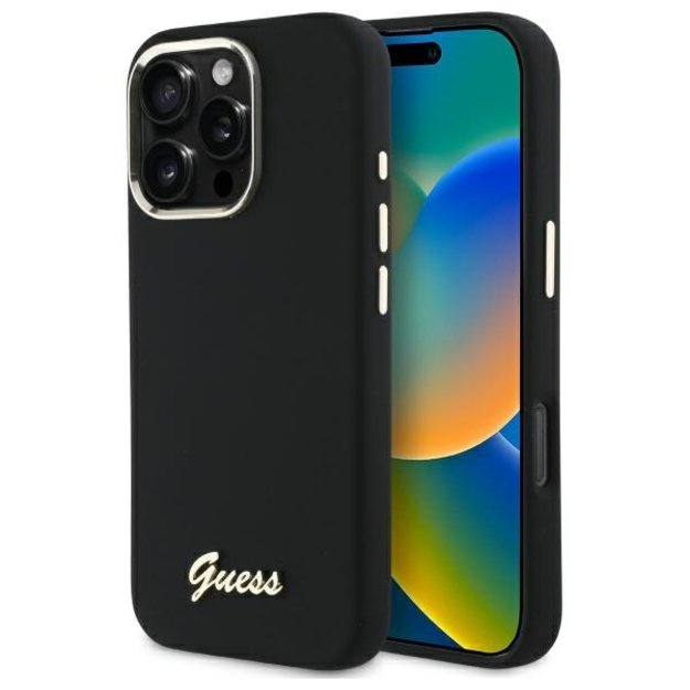 Guess Silicone Script Metal Logo &amp  Frame Case for iPhone 16 Pro Max - Black