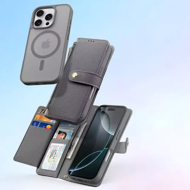 Dux Ducis Lawa iPhone 16 Pro Leather Case with Detachable Magnetic Wallet - Gray 2