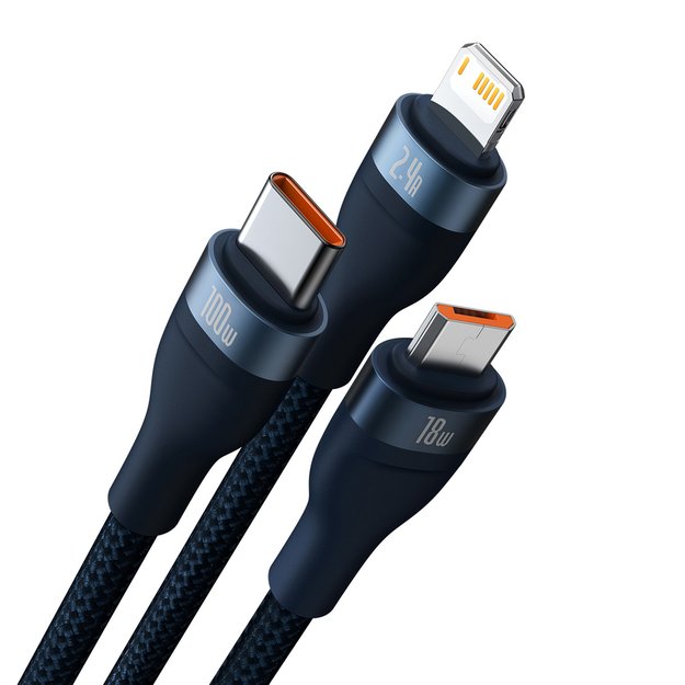 Baseus Flash Series II cable USB - USB Type C / Lightning / micro USB 100 W 1.2 m blue (CASS030003) 1
