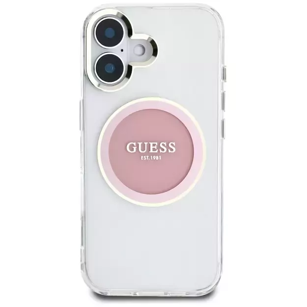 Guess IML Metal Colored Circle Classic Logo MagSafe iPhone 16 Case - Pink 2