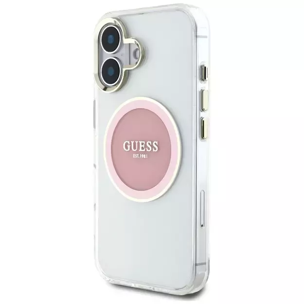 Guess IML Metal Colored Circle Classic Logo MagSafe iPhone 16 Case - Pink 1
