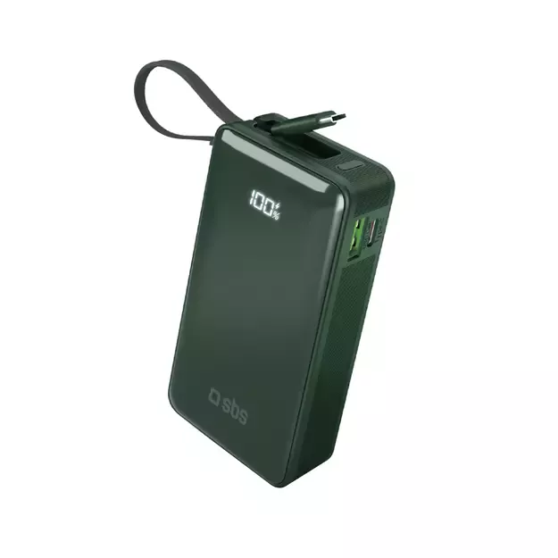 Powerbank SBS 10000 mAh 20W with built-in USB-C cable and digital display - green