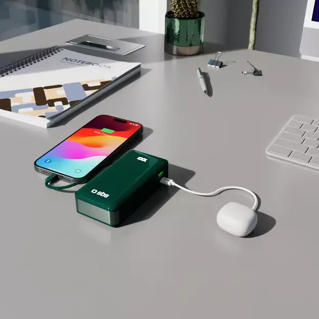 Powerbank SBS 10000 mAh 20W with built-in USB-C cable and digital display - green 11