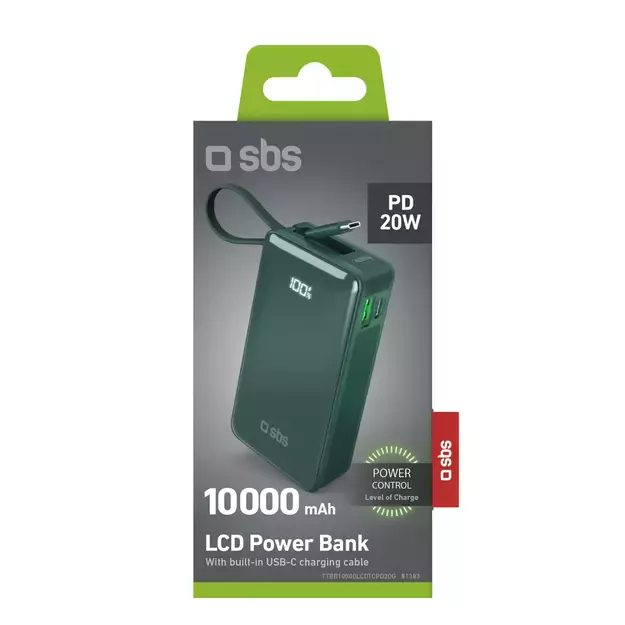 Powerbank SBS 10000 mAh 20W with built-in USB-C cable and digital display - green 1