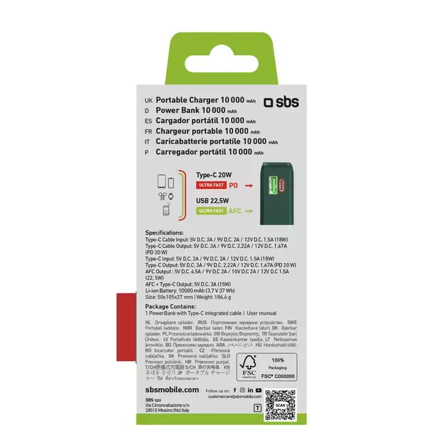 Powerbank SBS 10000 mAh 20W with built-in USB-C cable and digital display - green 2