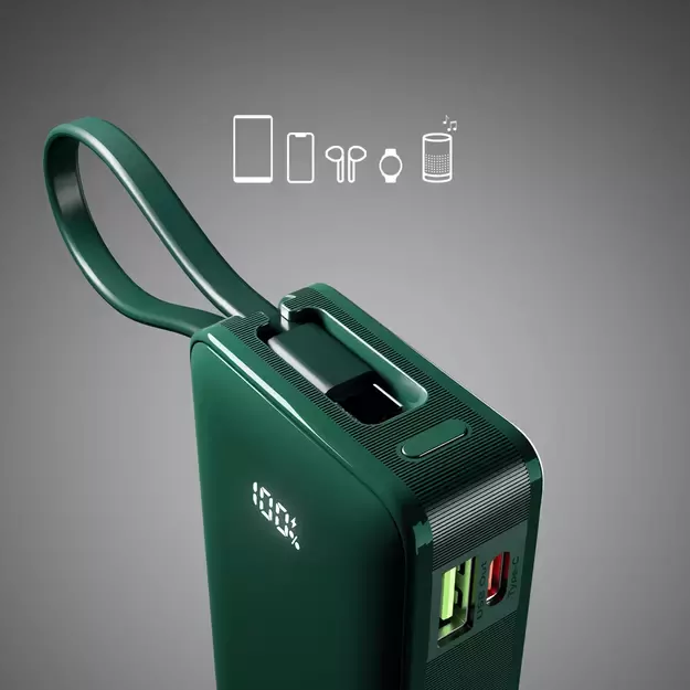 Powerbank SBS 10000 mAh 20W with built-in USB-C cable and digital display - green 5