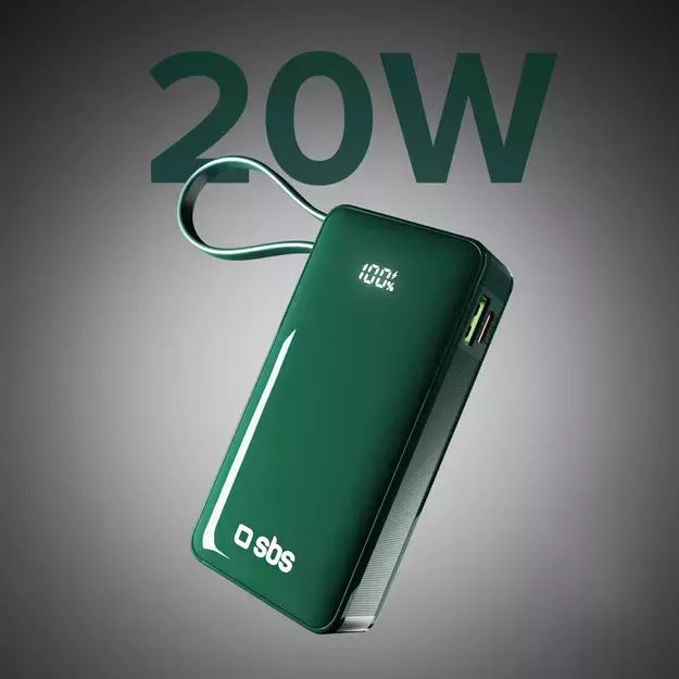 Powerbank SBS 10000 mAh 20W with built-in USB-C cable and digital display - green 3