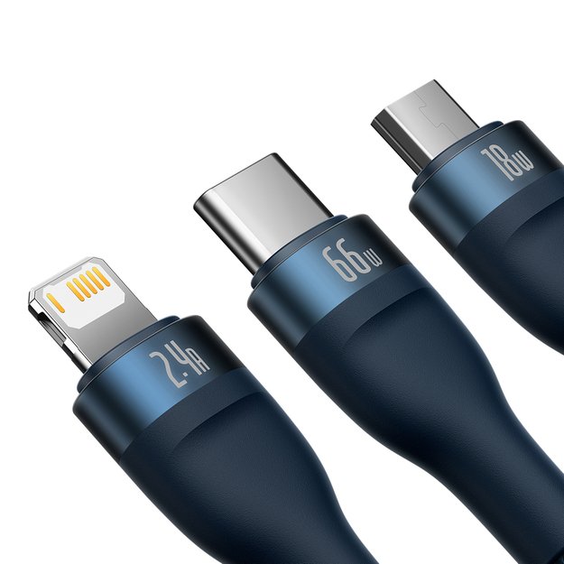 Baseus Flash Series Ⅱ 3in1 Fast Charging Cable USB-A to USB-C / Micro-USB / Lightning 66W 480Mbps 1.2m Blue 3