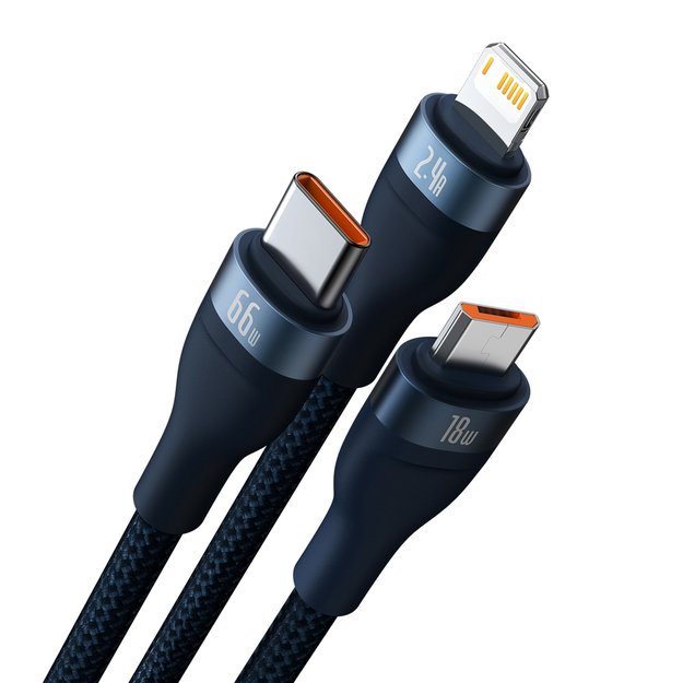Baseus Flash Series Ⅱ 3in1 Fast Charging Cable USB-A to USB-C / Micro-USB / Lightning 66W 480Mbps 1.2m Blue 1