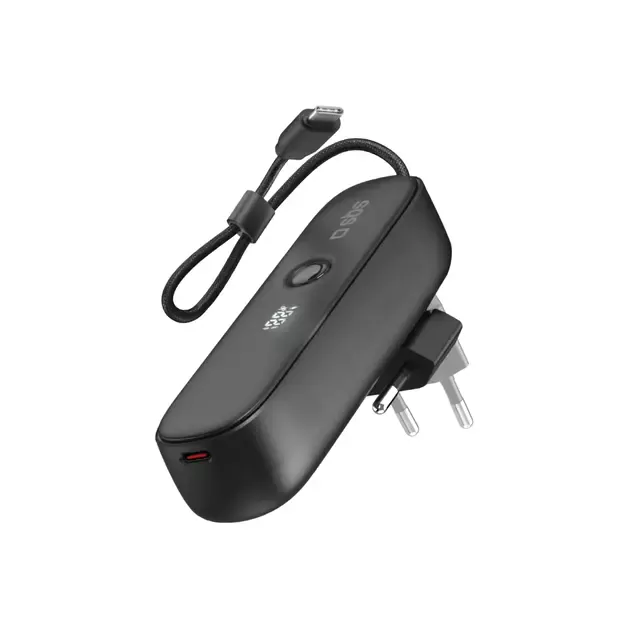 SBS Hybrid PD 20W 5000mAh Power Bank with Built-in Cable and Foldable Plug - Black