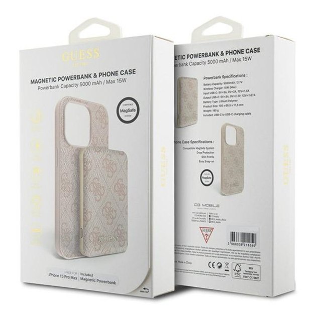Guess 4G Metal Logo case set for iPhone 15 Pro Max + 5000mAh MagSafe power bank - pink 10