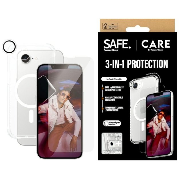CARE by PanzerGlass Fashion 3in1 Protective Set Case+Glass+Lens for iPhone 16e - transparent