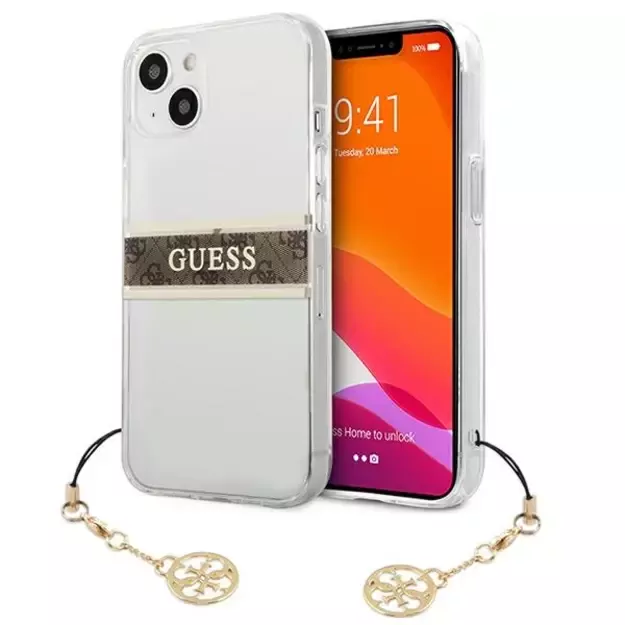 Guess GUHCP13SKB4GBR iPhone 13 mini 5.4  Transparent hardcase 4G Brown Strap Charm