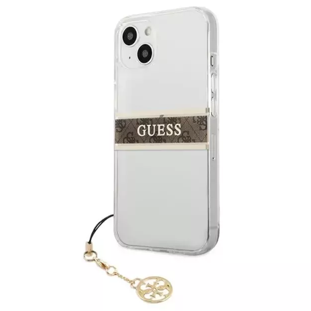 Guess GUHCP13SKB4GBR iPhone 13 mini 5.4  Transparent hardcase 4G Brown Strap Charm 1