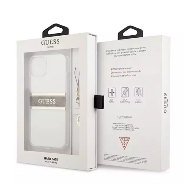 Guess GUHCP13SKB4GBR iPhone 13 mini 5.4  Transparent hardcase 4G Brown Strap Charm 7