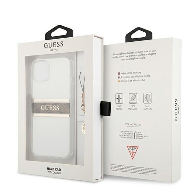 Guess GUHCP13SKB4GBR iPhone 13 mini 5.4  Transparent hardcase 4G Brown Strap Charm 14