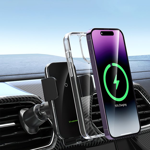 Wozinsky WEDZ-3Y8S clamp car holder with 15W inductive charger for phone on the air vent - black 12