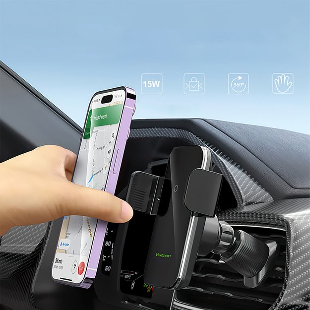 Wozinsky WEDZ-3Y8S clamp car holder with 15W inductive charger for phone on the air vent - black 9