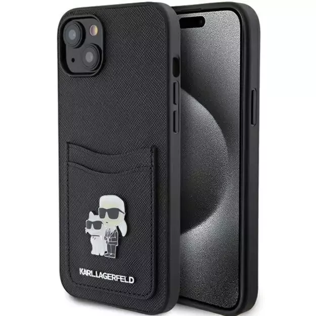 Karl Lagerfeld Saffiano Cardslot Karl&amp Choupette Metal Pin case for iPhone 15 - black