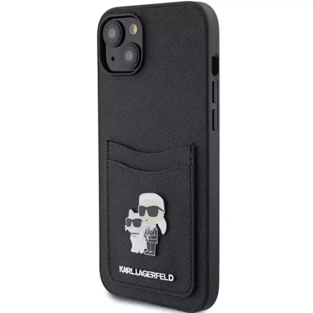 Karl Lagerfeld Saffiano Cardslot Karl&amp Choupette Metal Pin case for iPhone 15 - black 1
