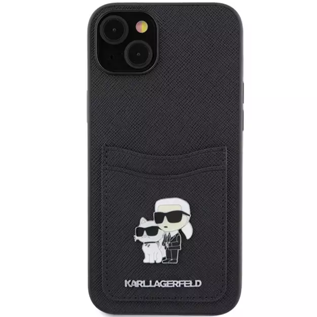Karl Lagerfeld Saffiano Cardslot Karl&amp Choupette Metal Pin case for iPhone 15 - black 2