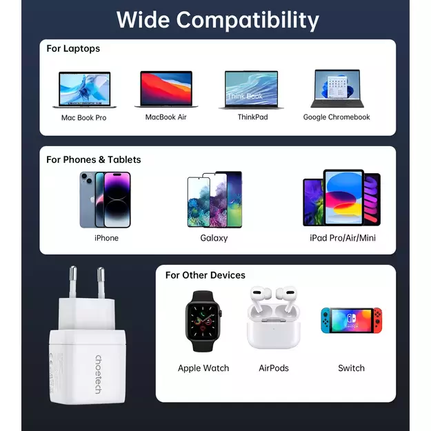 Choetech PD6051 2x USB-C PD 35W GaN wall charger with display - white 3