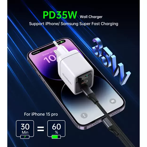 Choetech PD6051 2x USB-C PD 35W GaN wall charger with display - white 5