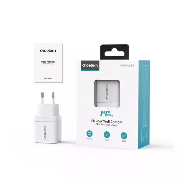 Choetech PD6051 2x USB-C PD 35W GaN wall charger with display - white 4