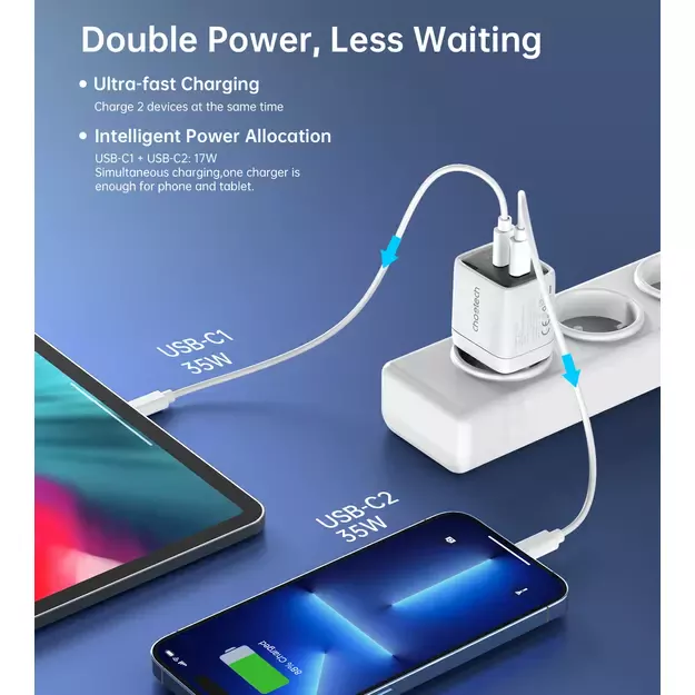 Choetech PD6051 2x USB-C PD 35W GaN wall charger with display - white 6