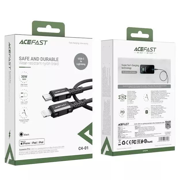 Acefast C4-01 Lightning - USB-C PD cable 30W 3A 480Mb/s 1.8m - black 4
