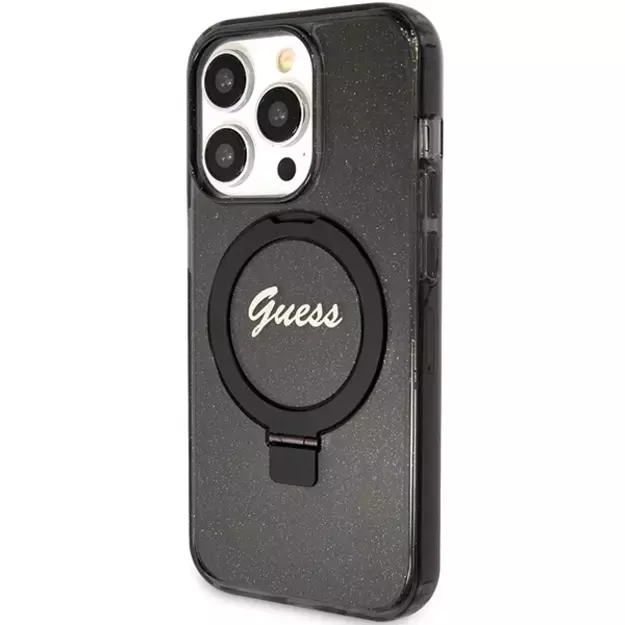 Guess Ring Stand Script Glitter MagSafe case for iPhone 15 Pro - black 1