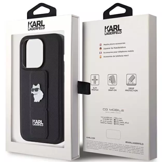 Karl Lagerfeld Gripstand Saffiano Choupette Pins case for iPhone 15 Pro - black 8