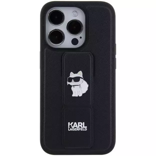 Karl Lagerfeld Gripstand Saffiano Choupette Pins case for iPhone 15 Pro - black 3