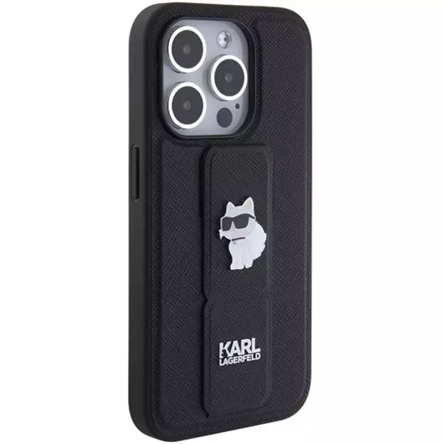 Karl Lagerfeld Gripstand Saffiano Choupette Pins case for iPhone 15 Pro - black 4