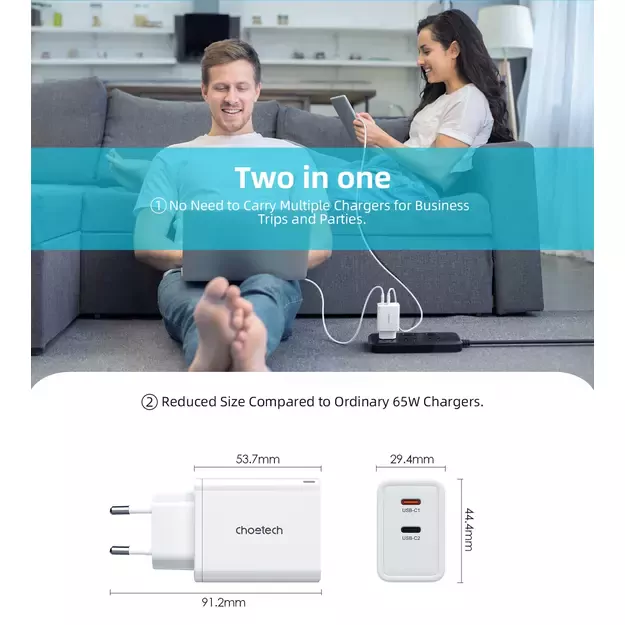 Choetech PD6013 2x USB-C PD 65W GaN wall charger - white 2