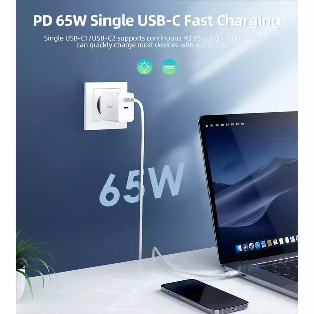 Choetech PD6013 2x USB-C PD 65W GaN wall charger - white 6