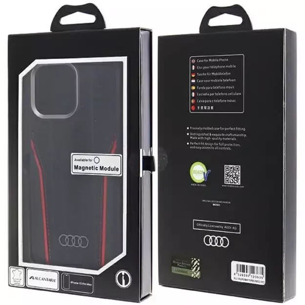 Audi Genuine Leather case with MagSafe for iPhone 15 Pro Max - black and red 18