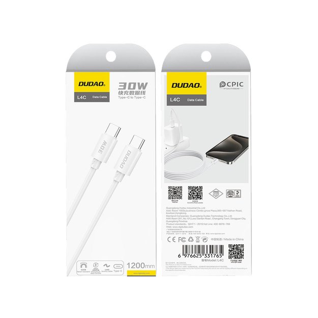 Dudao L4C USB-C / USB-C 30W Cable 1.2m - White 1