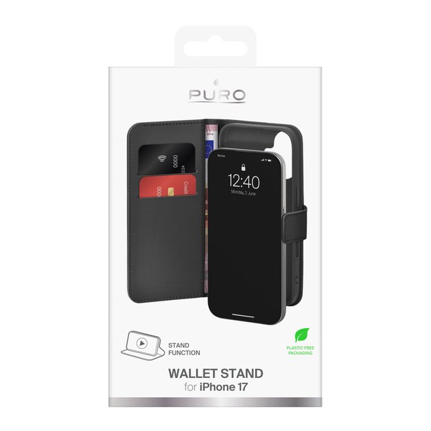 Puro Wallet Stand case for iPhone 17 made of eco-leather, with a flap, wallet and stand function - black 1