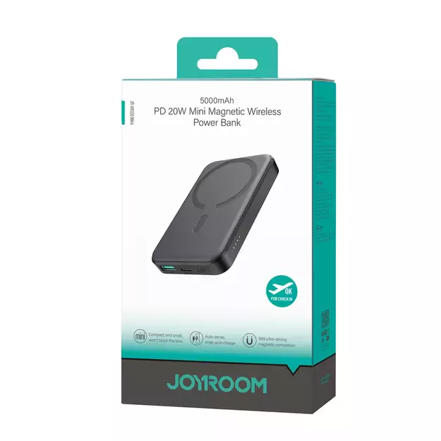 Powerbank Joyroom JR-W020 Mini 5000mAh USB-A USB-C inductive 20W - black + USB-C / USB-C cable 6