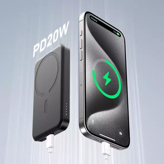 Powerbank Joyroom JR-W020 Mini 5000mAh USB-A USB-C inductive 20W - black + USB-C / USB-C cable 12