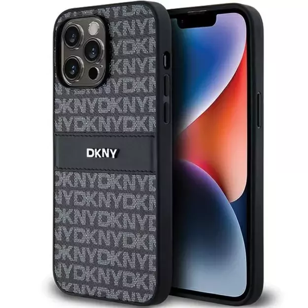 DKNY Leather Mono Stripe &amp  Metal Logo case for iPhone 14 Pro - black