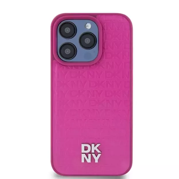 DKNY Leather Monogram Pattern Metal Logo MagSafe Case for iPhone 15 Pro - Pink 9