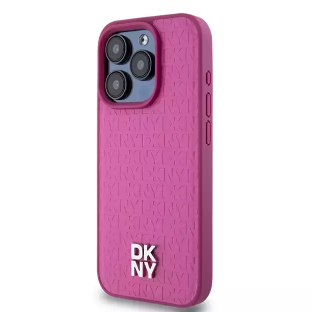 DKNY Leather Monogram Pattern Metal Logo MagSafe Case for iPhone 15 Pro - Pink 8